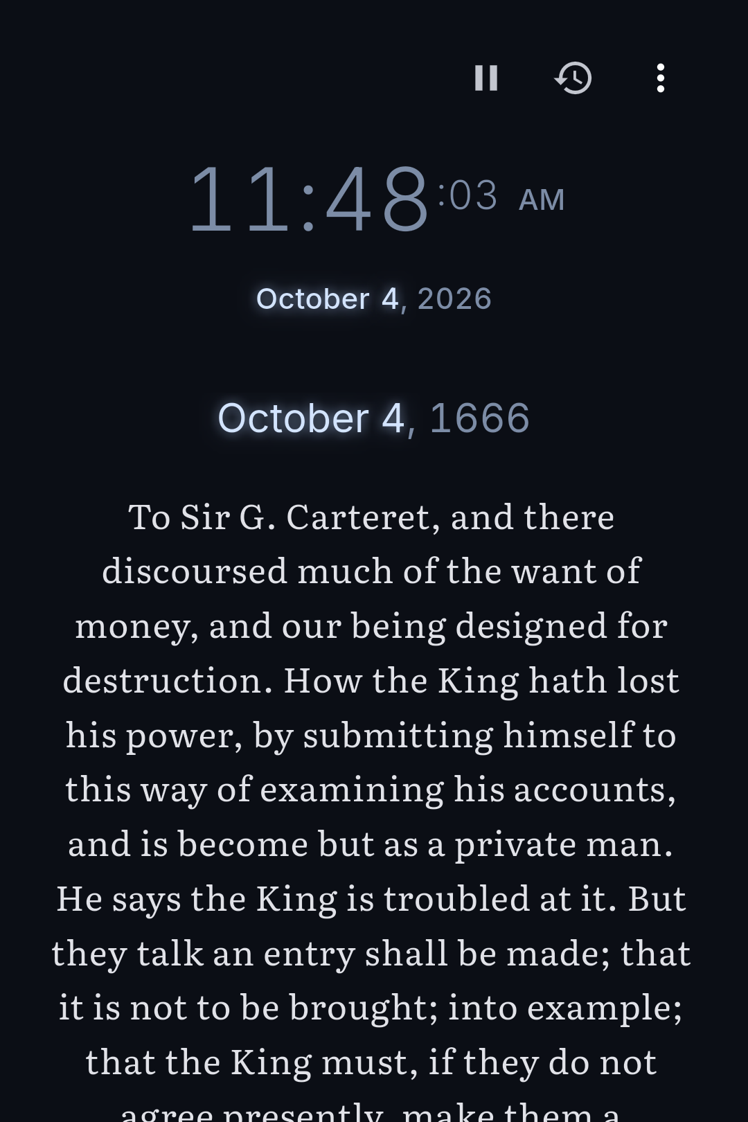 Recursivity on 4 October 2026, showing a Samuel Pepys diary entry from 4 October 1666 with both dates lit
